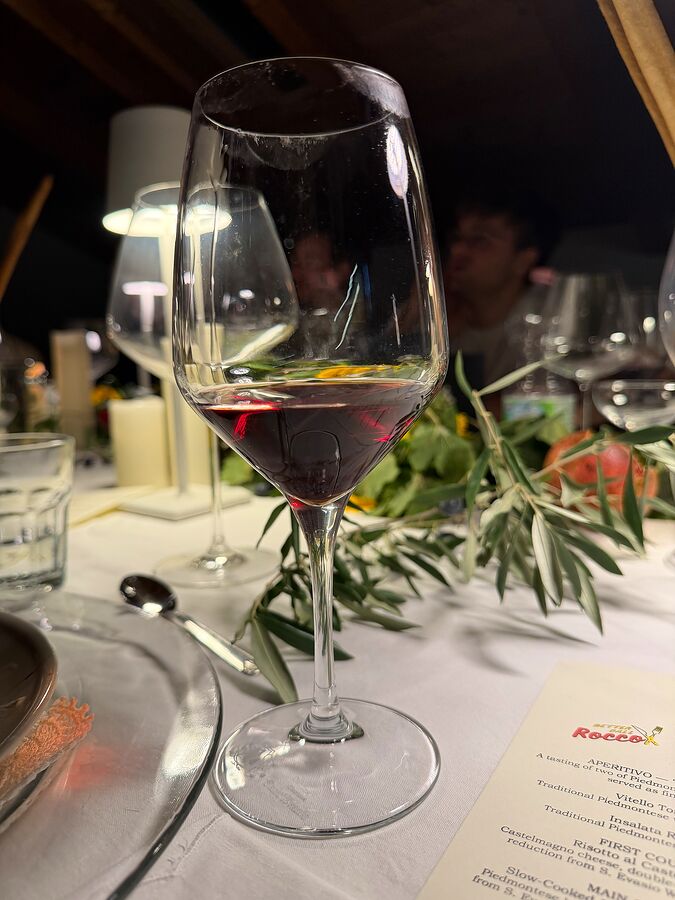 A glass of Sant'Evasio red on the dinner table
